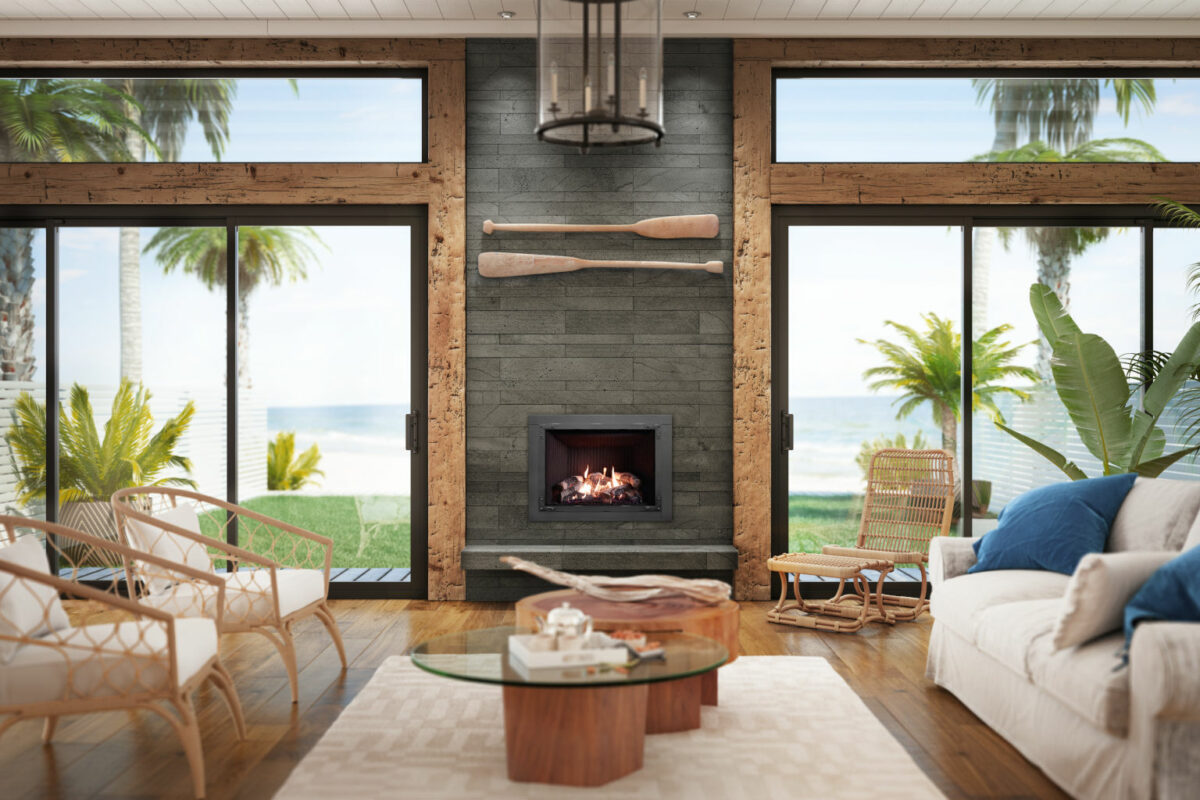 Intrigue® 36 Built-in Gas Fireplace in a modern beach house.