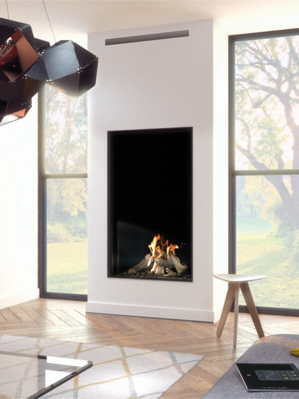 DRU Prestige® 42 Tall luxury gas fireplace in a modern home with high ceilings.