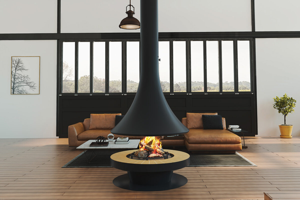 Black JC Bordelet Eva Luxury Suspended Fireplace in living room.