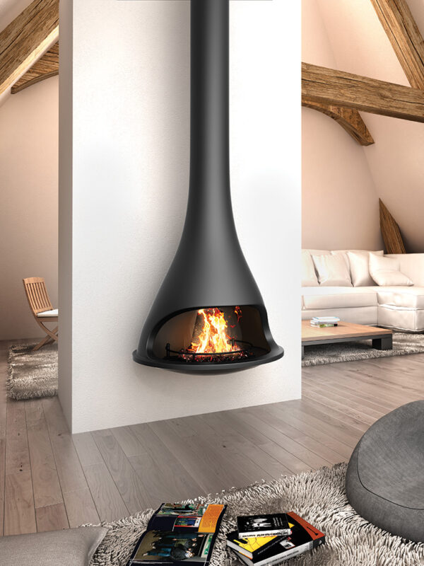 Black JC Bordelet Tatiana Luxury Suspended Fireplace mounted on a wall in a loft.