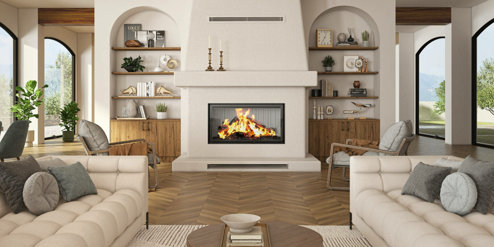 LUXUS® 40 High Single-Sided Guillotine Wood Fireplace in a white living room.